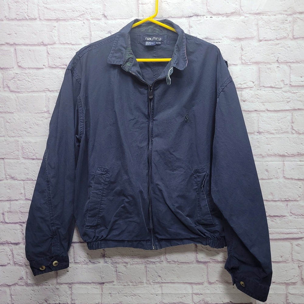 VTG Nautica Navy Blue Bomber Jacket Size XL Lightweight Plaid Collar Full Zip